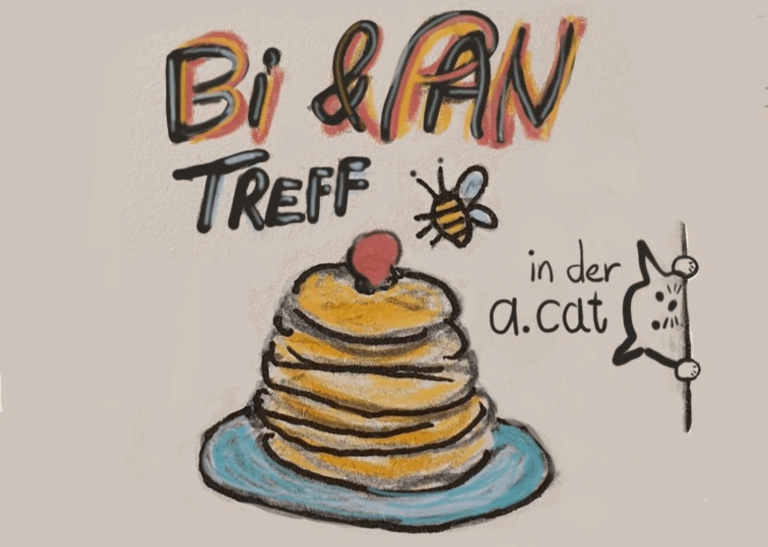 Eine Zeichnung eines Tellers mit Pancakes und einer Biene beschriftet mit 'Bi & Pan Treff'. An der linken Seite schaut eine Katze um die Ecke beschriftet mit 'in der a.cat'.